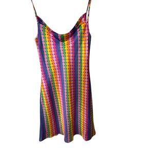Olivia Rubin Adaline Rainbow Polka Dot Silk Blend Mini Slip Dress Cowl Neck Sz 2